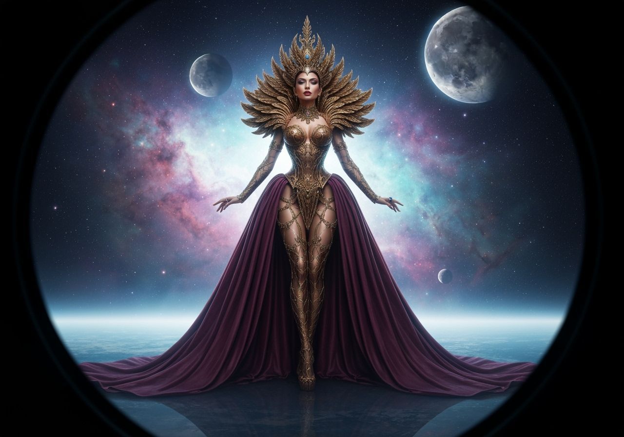 Sci-Fantasy Woman in Luxury Fashion Amidst Nebula