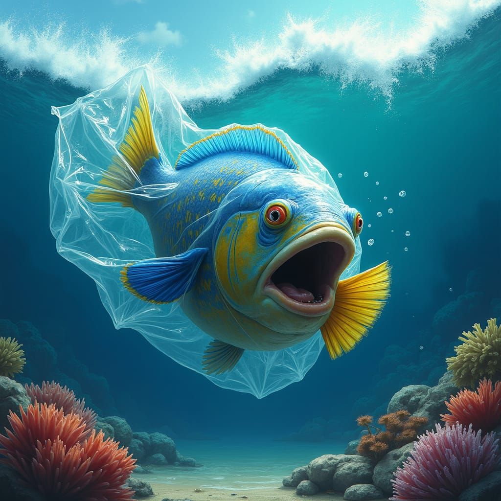 Distressed Fish Trapped in Plastic Bag, Detailed Realism