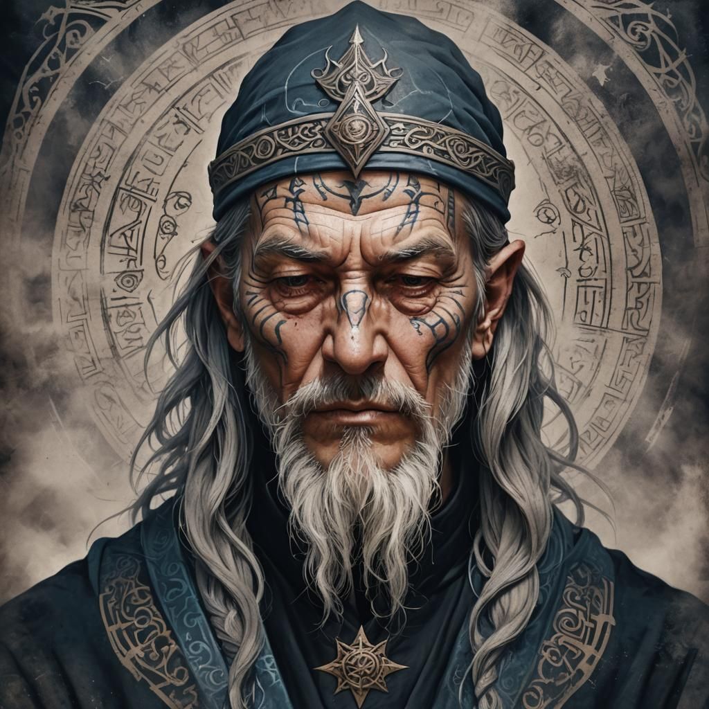 Wizard Portrait with Face Tattoo in Academic Art Style