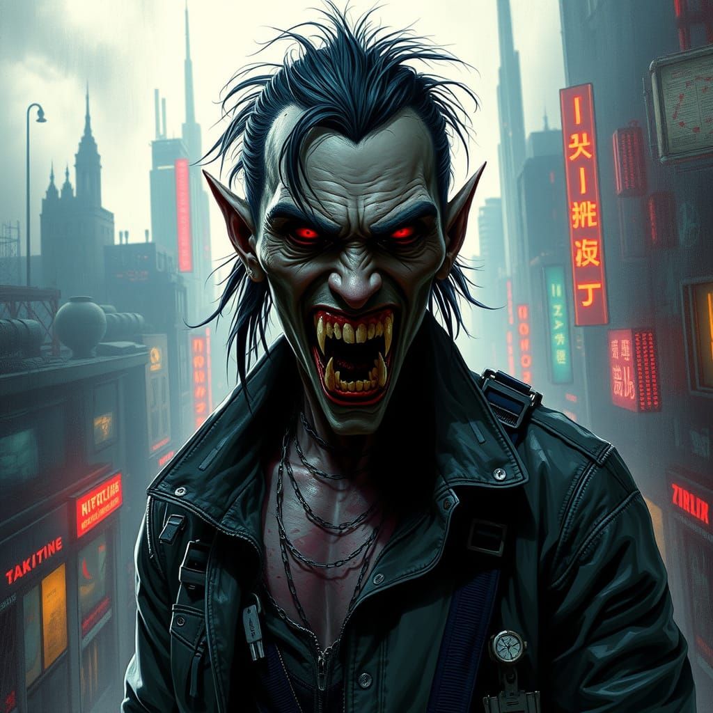 Cyberpunk Vampire in Gritty Sci-Fi Cityscape