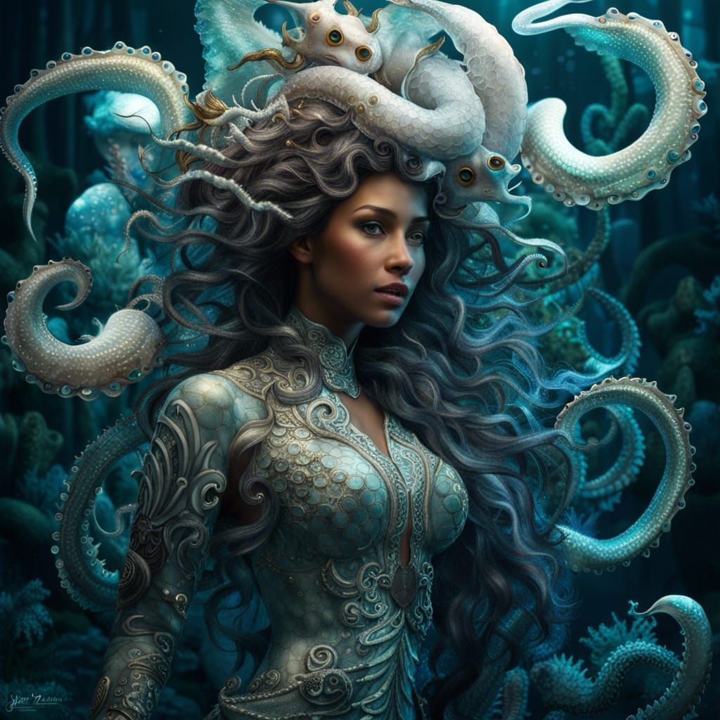 Translucent Mermaid-Octopus in Detailed Digital Artwork