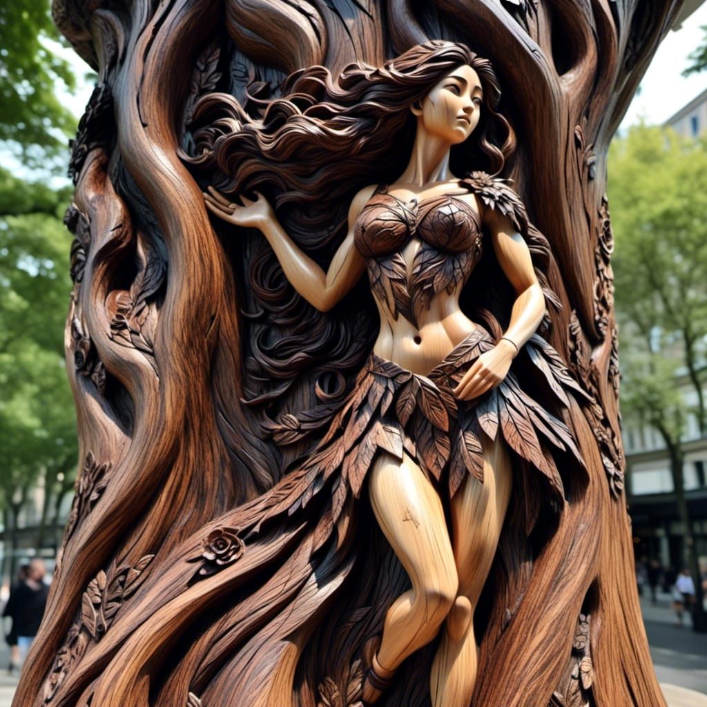 Greek Dryad Emerges From Carved Mahogany Tree