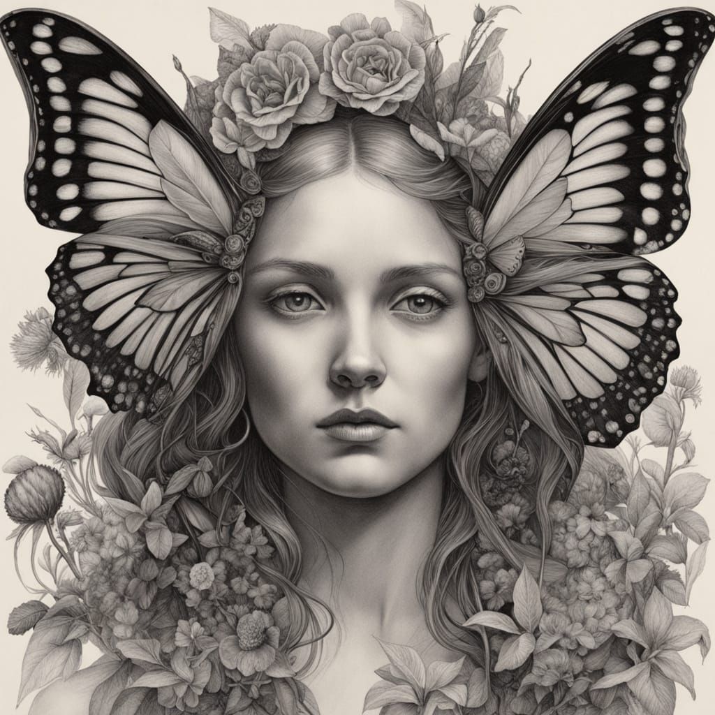 Gothic Dark Fairy with Butterfly Bush, Colored Pencil Art