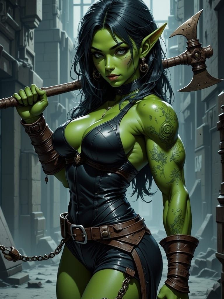 Orc Cyborg Warrior Woman in Cyberpunk Style