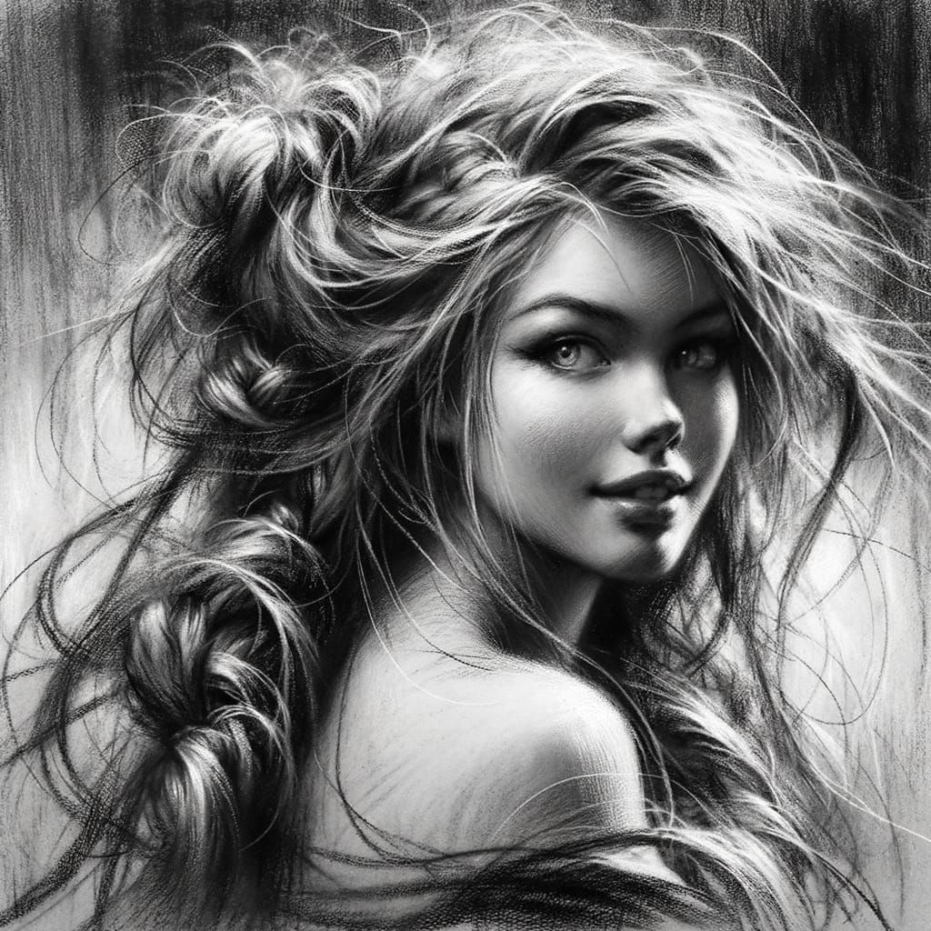 Classic Norse Goddess Exudes Shy Charm in Charcoal Sketch
