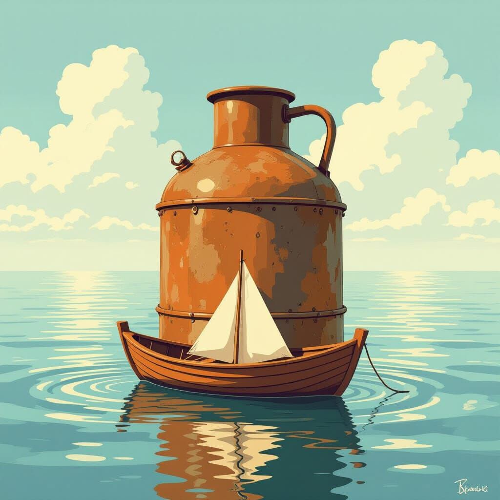 Paper Boat Floats in Rusty Water Can