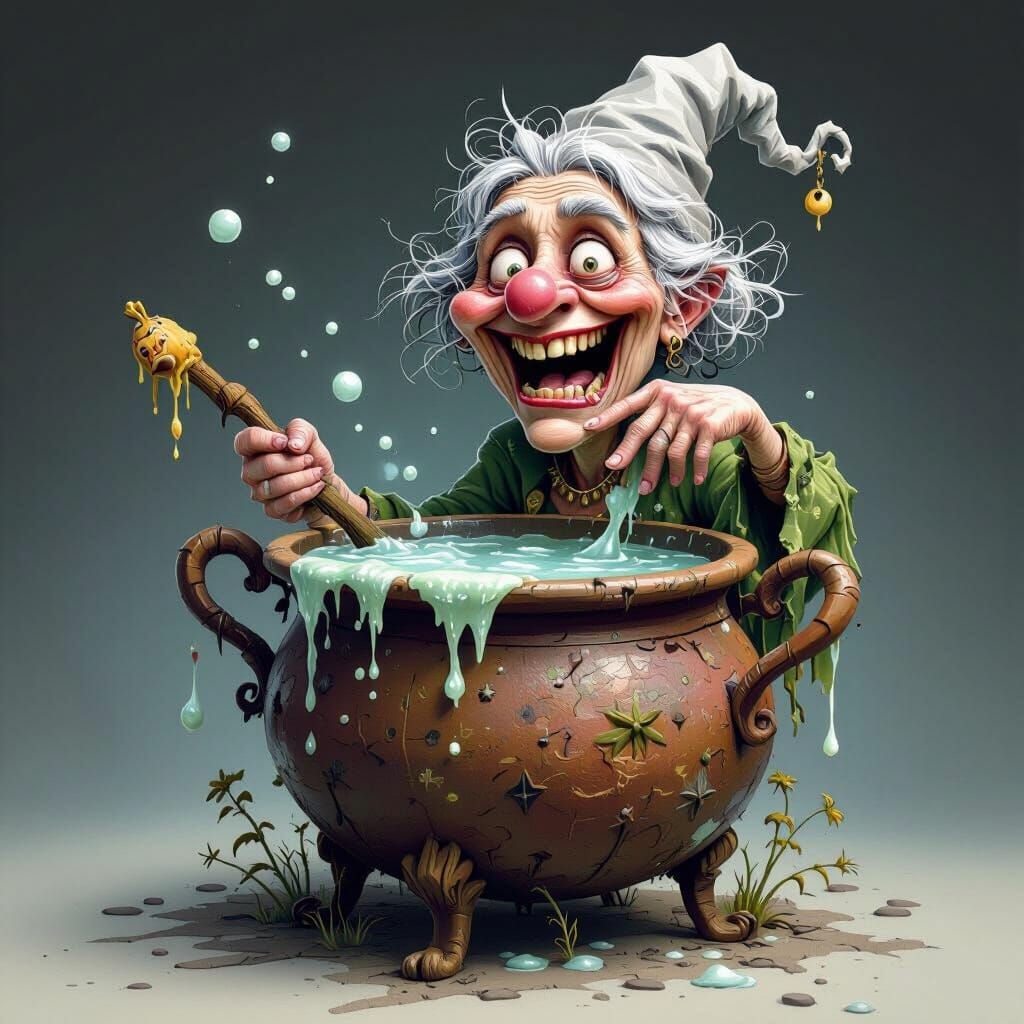 Funny Witch Bathes in Cauldron in Detailed Caricature Style