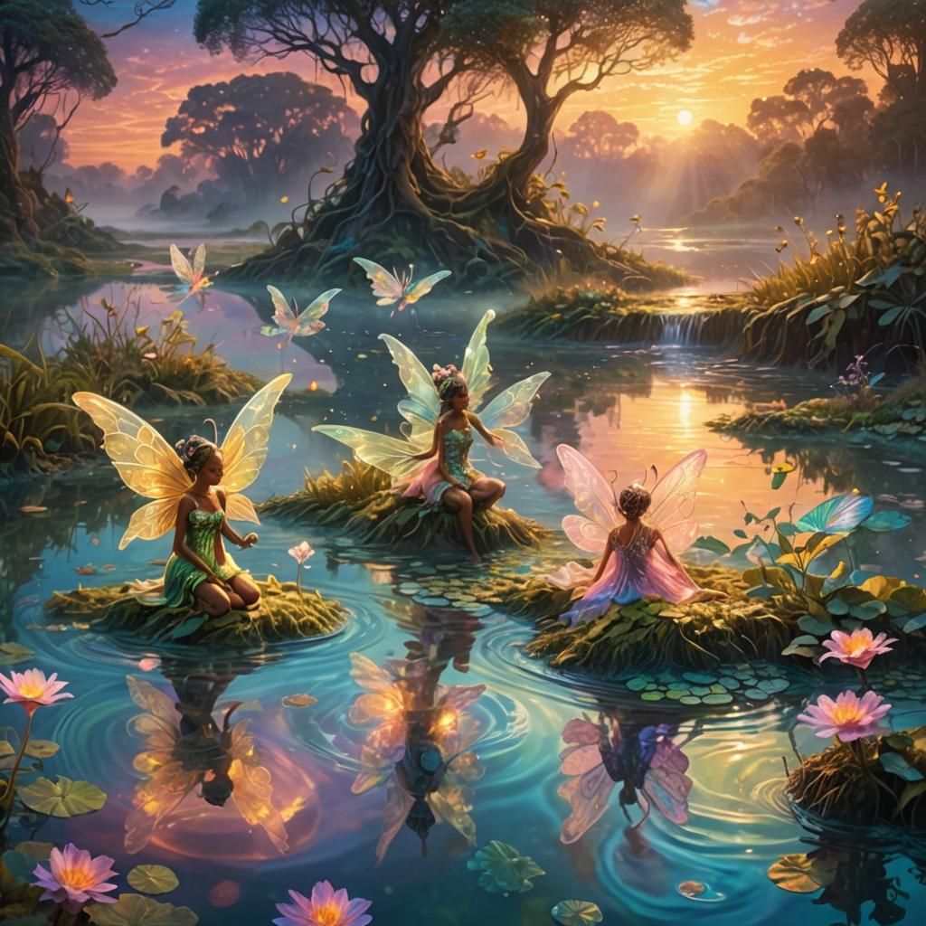 Dreamlike Fairy Swims in Sunset Waterhole
