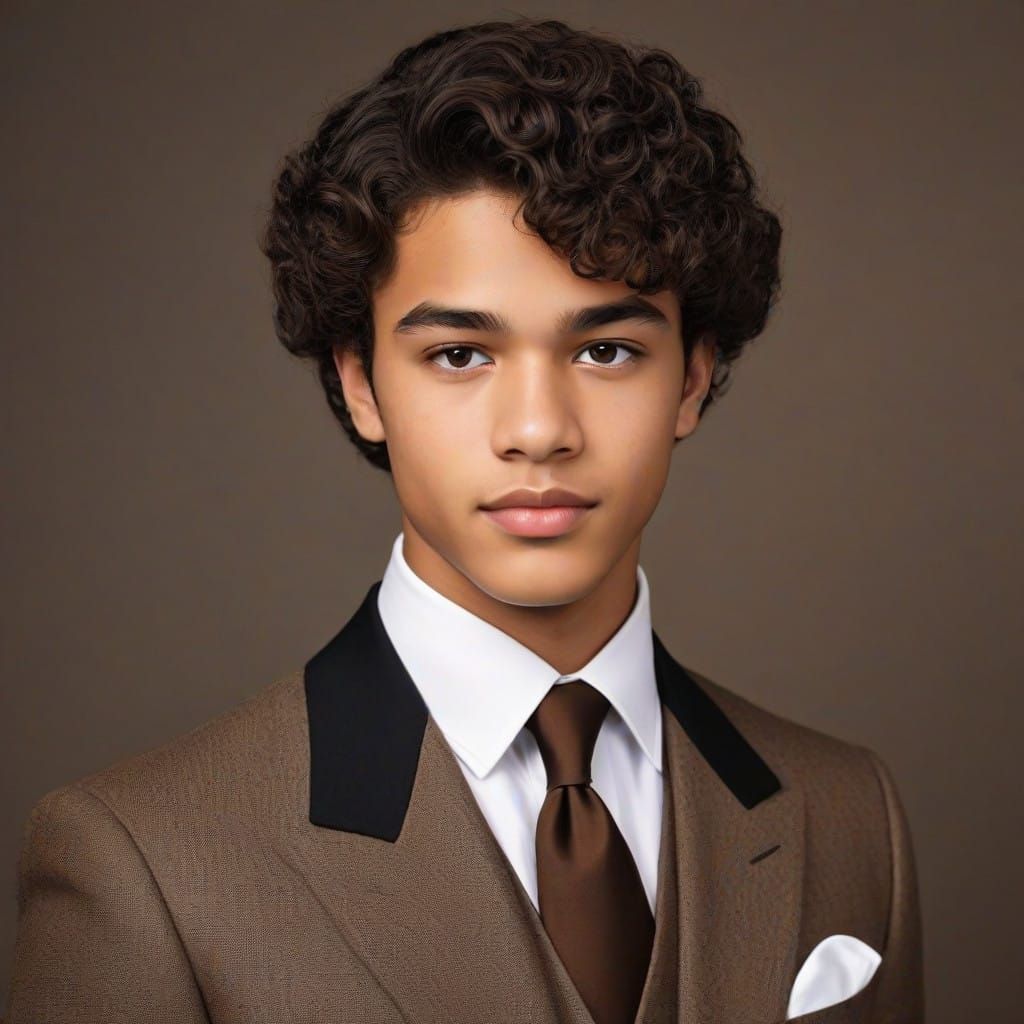 Elegant 16 year old boy, biracial, wealthy, elegant attire, curly hair, light brown eyes, old rich aesthetic, 1960s,