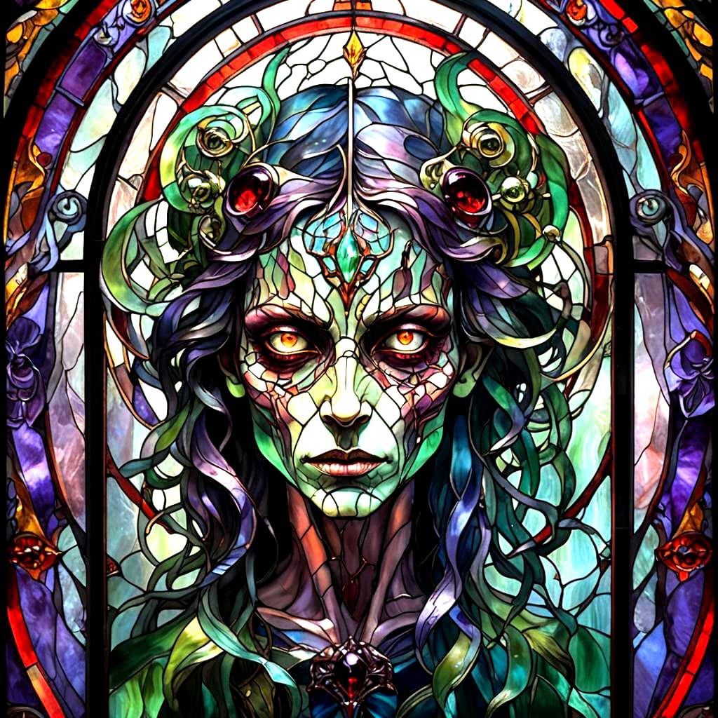 Stained Glass Alien Face in Dark Fantasy Style