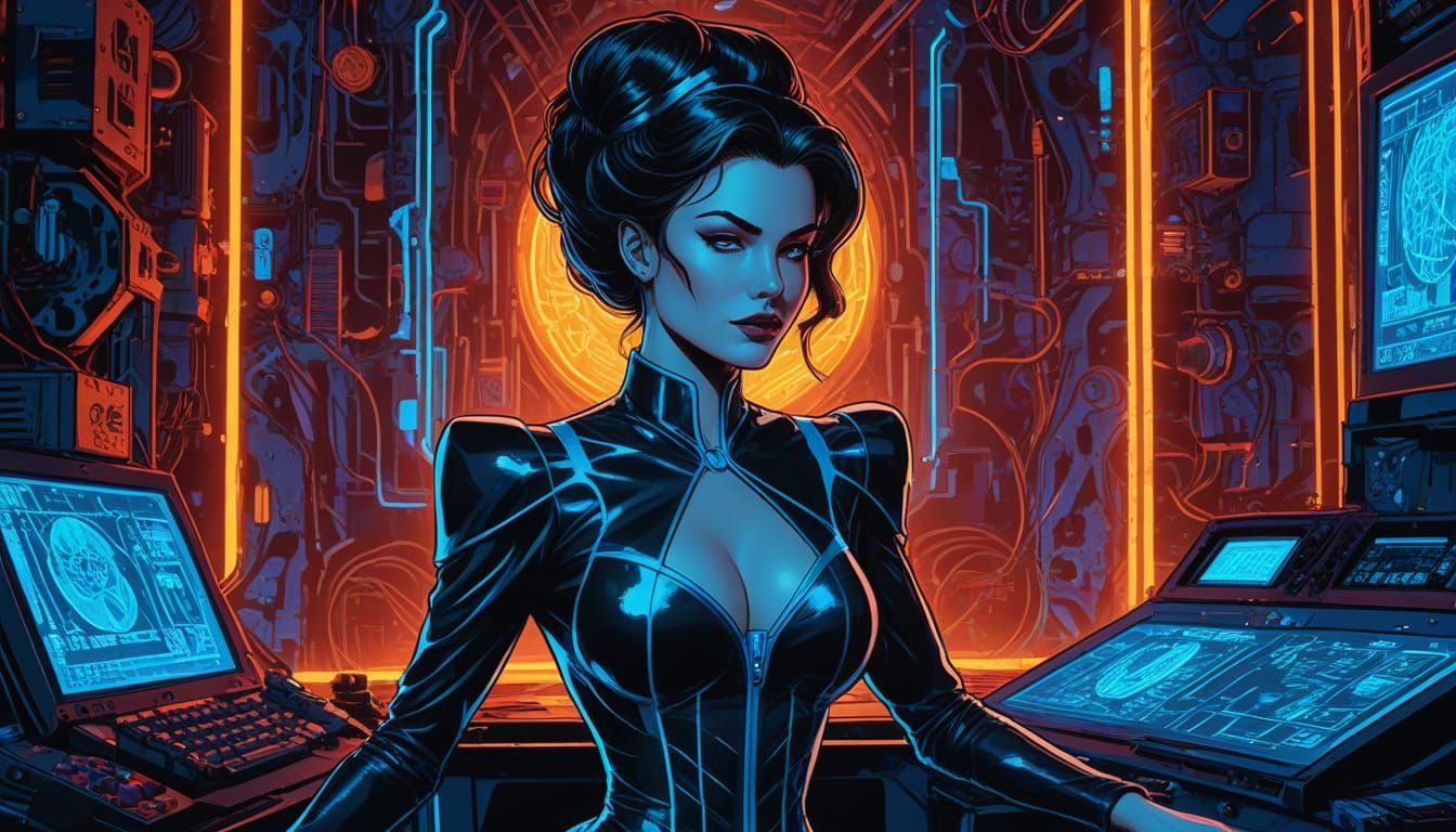 Elegant Villainess in Opulent High-Tech Headquarters