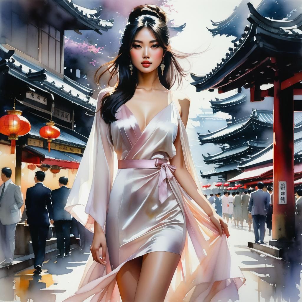 Beautiful Asian Girl in White Dress, Watercolor Art