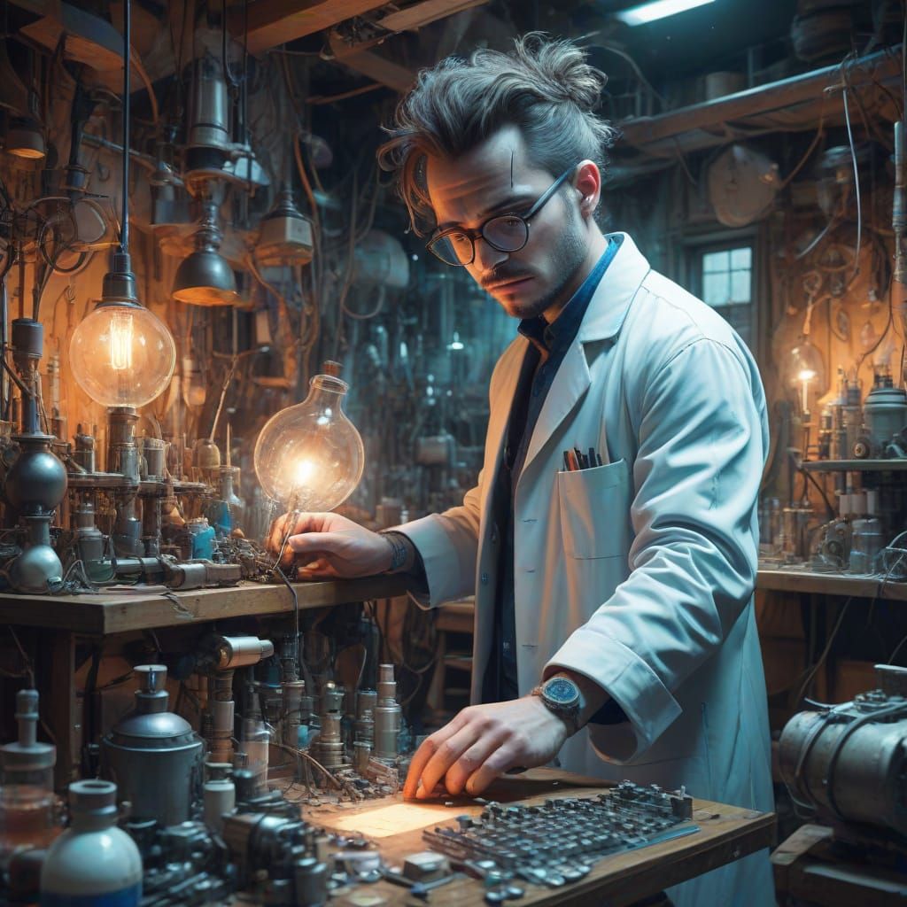 Mad Scientist in Futuristic Lab with Whimsical Inventions