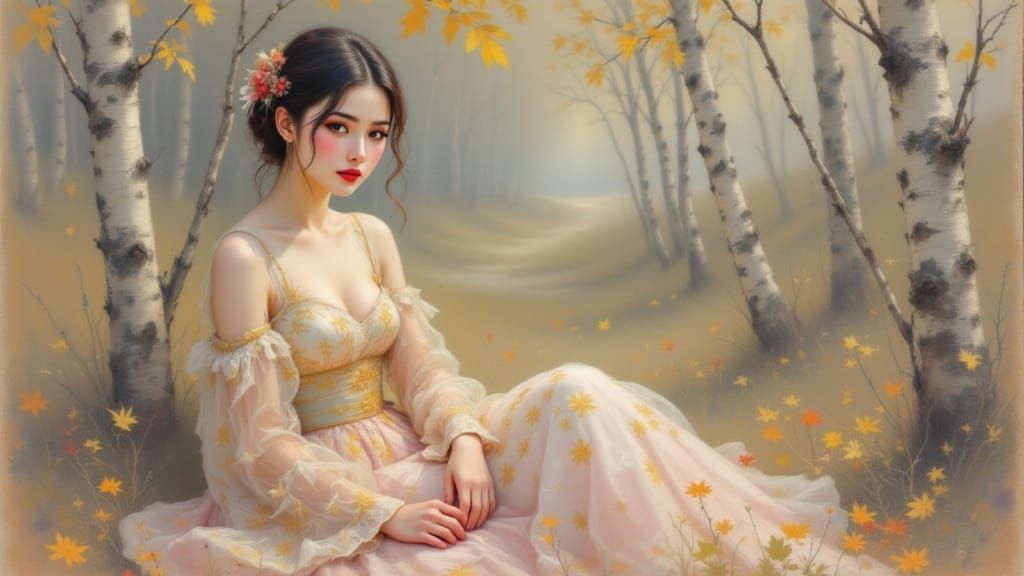 Serene Japanese Woman in Soft Pastel Autumn Landscape