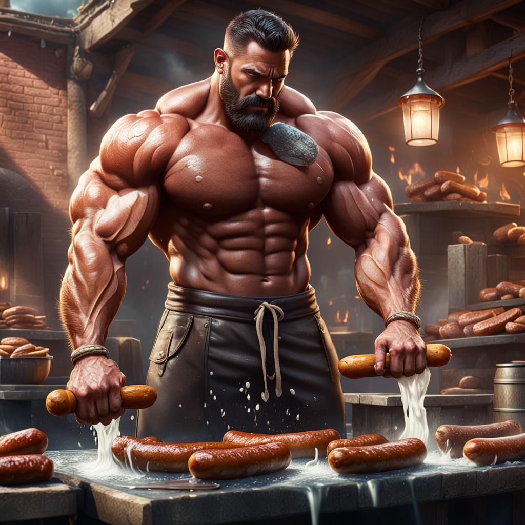 Beefy Muscle God Washing Sausages: Detailed Matte Painting
