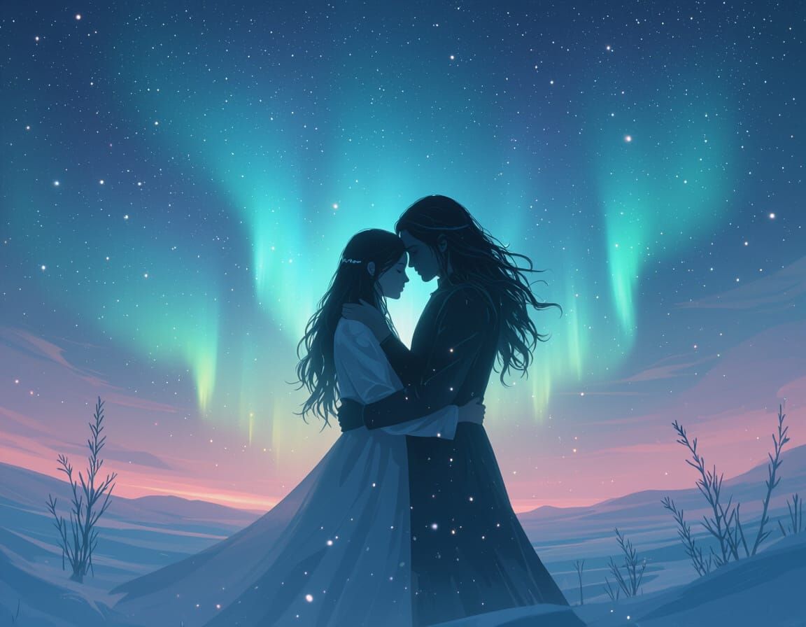 Ethereal Souls Embrace Under Aurora Lights