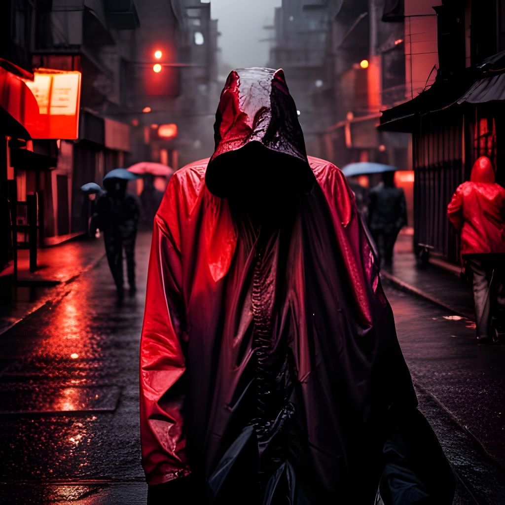 Hooded Figure in Rain-Soaked Fantasy City