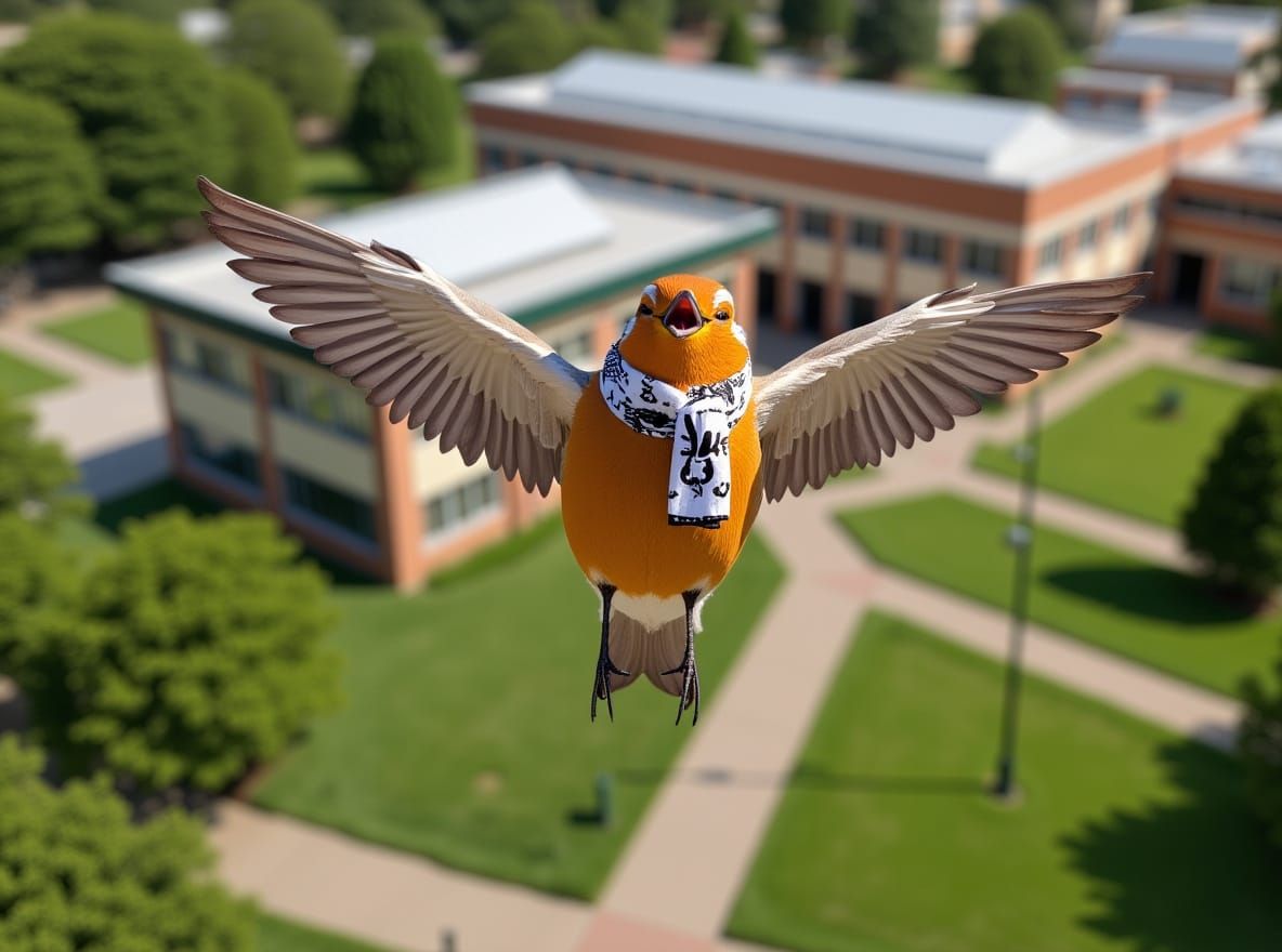 Robin Soaring Over University Campus with Scarf
