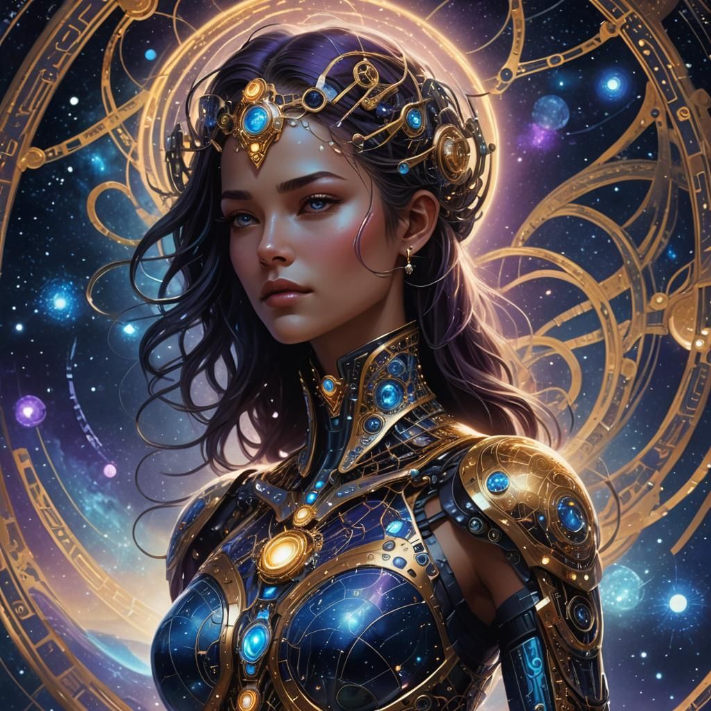 Cybernetic Woman Gazing at Triple Moon Starfield