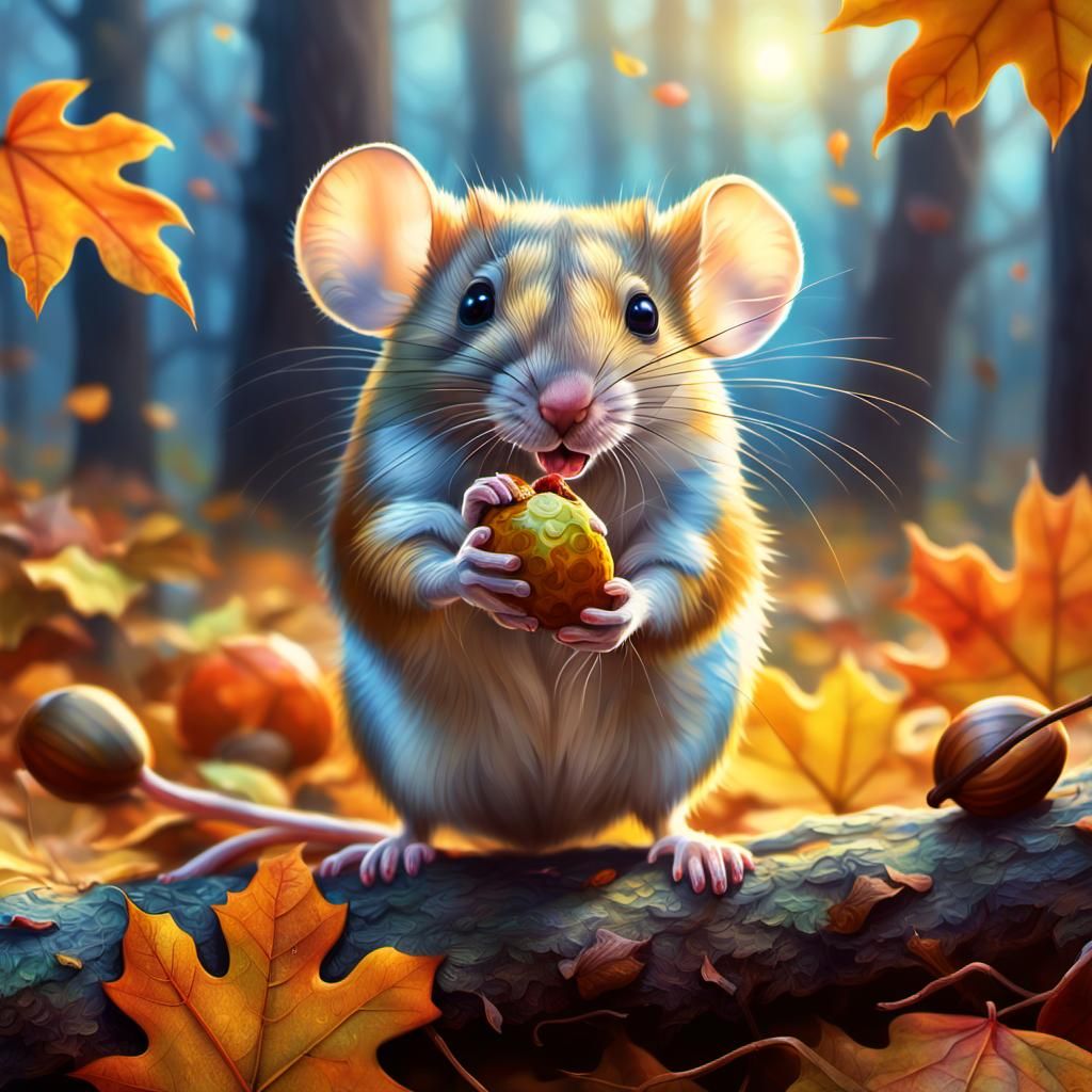 Field Mouse in Autumn Leaves Digital Painting