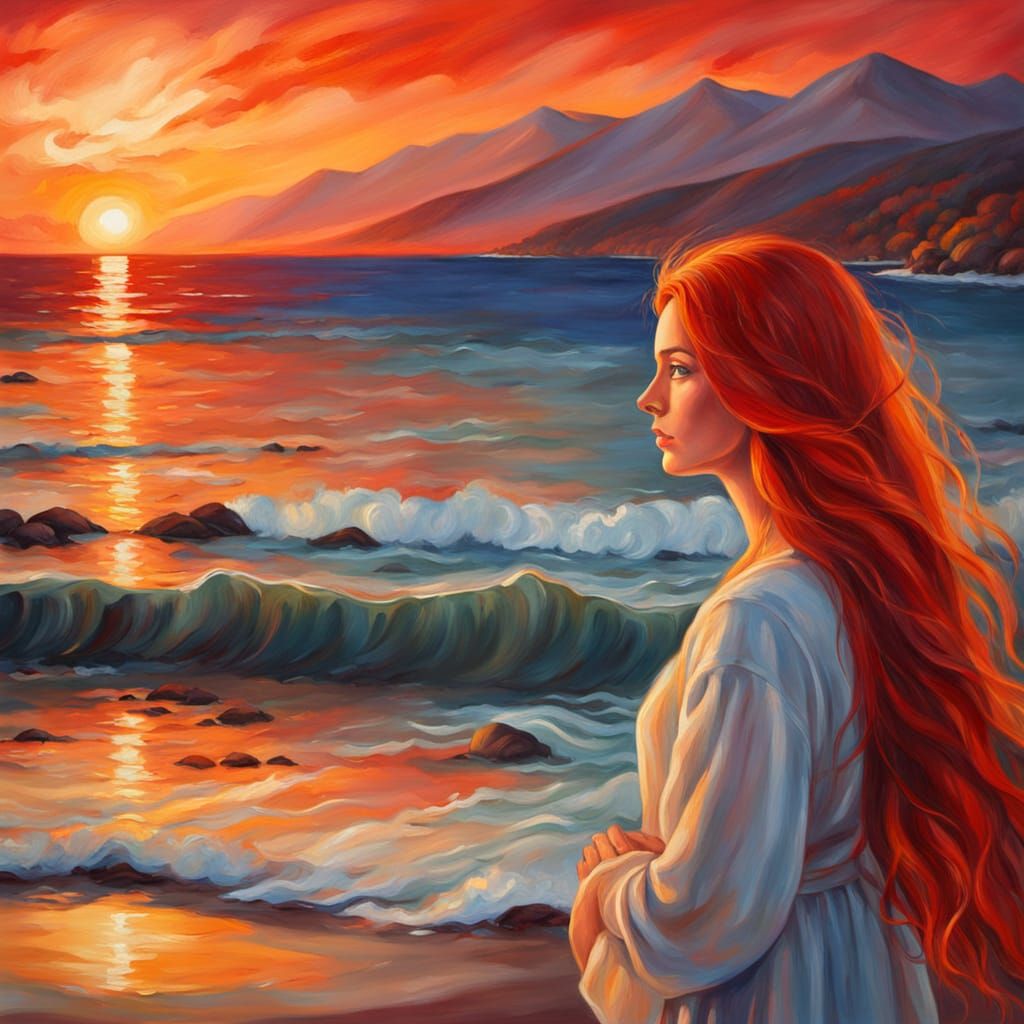 Woman with Red Hair at Sunset: Oil Painting