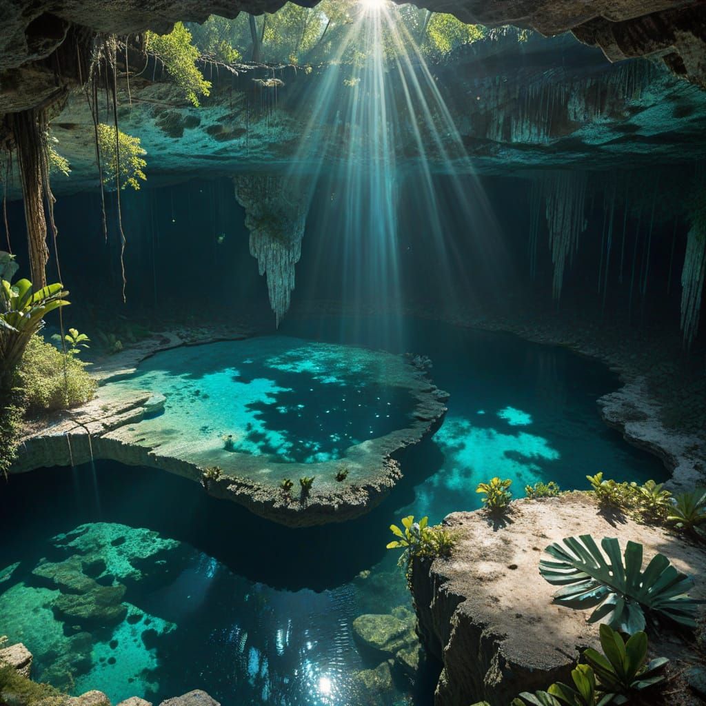 Sunlit Limestone Cenote with Turquoise Water