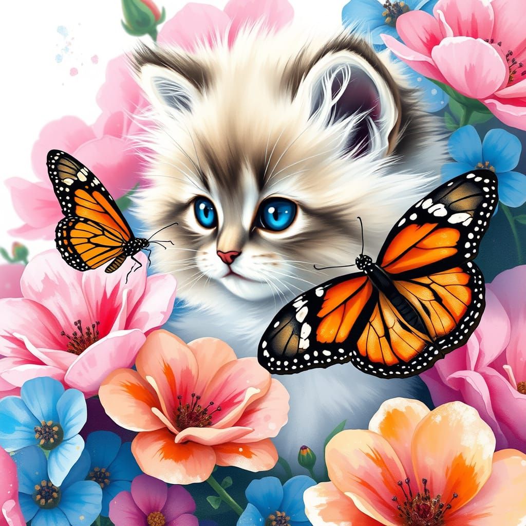 Whimsical Ragdoll Kitten Among Vibrant Flowers