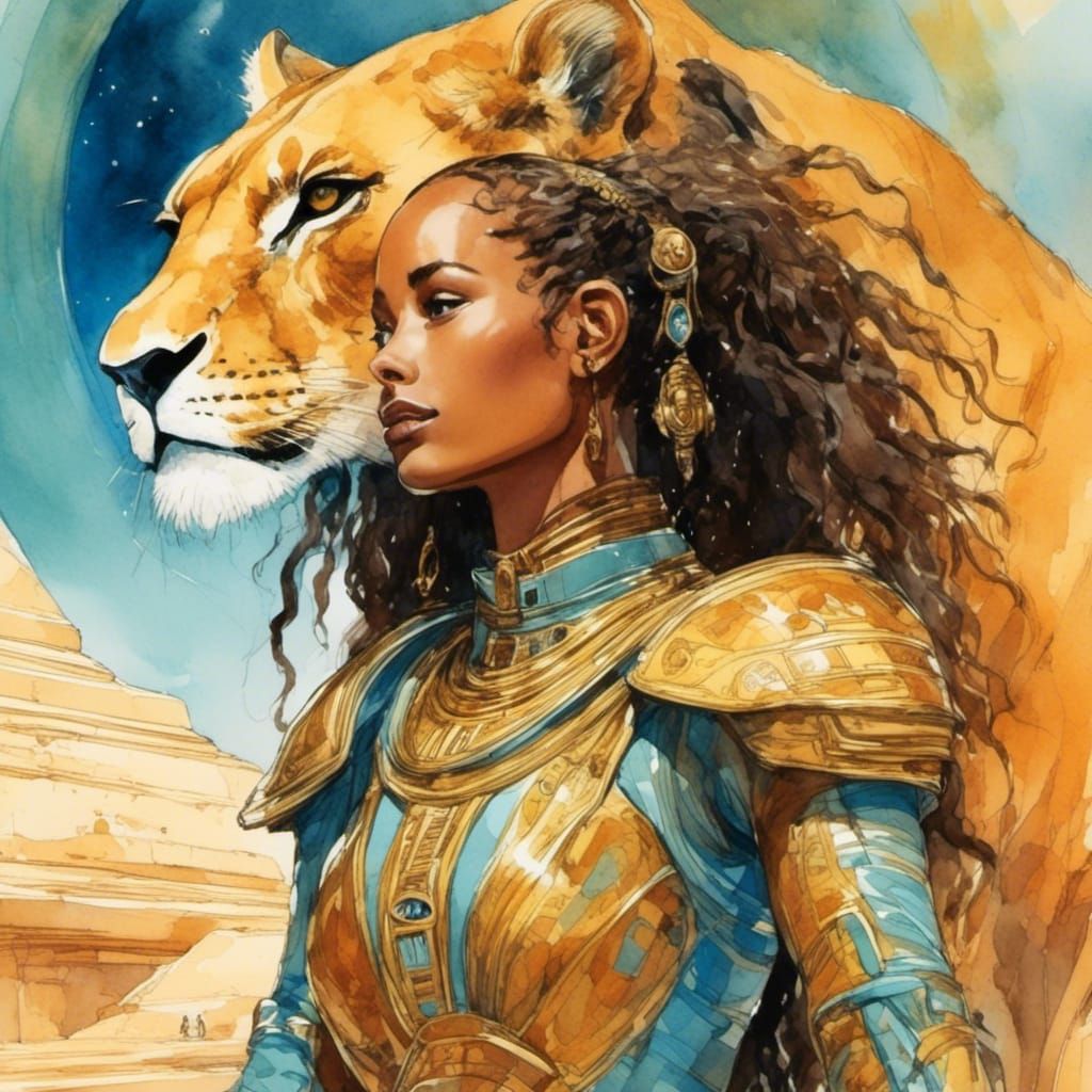 Futuristic Lioness Goddess Tefnut in Epic Sci-Fi Style