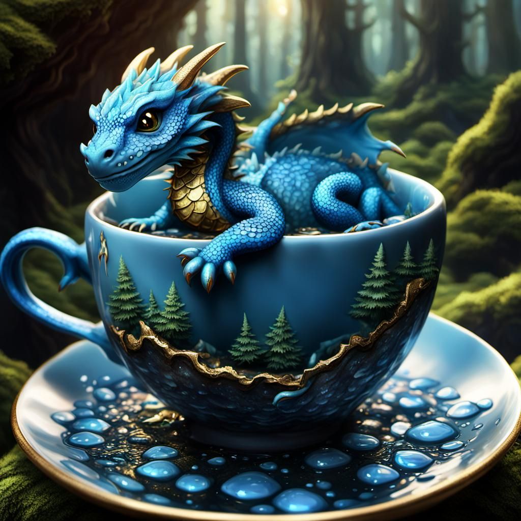 Baby Dragon in Teacup Forest: Fantasy Art