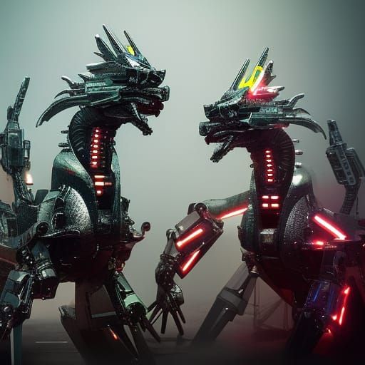 Three-Headed Metal Dragon in Cyberpunk Style