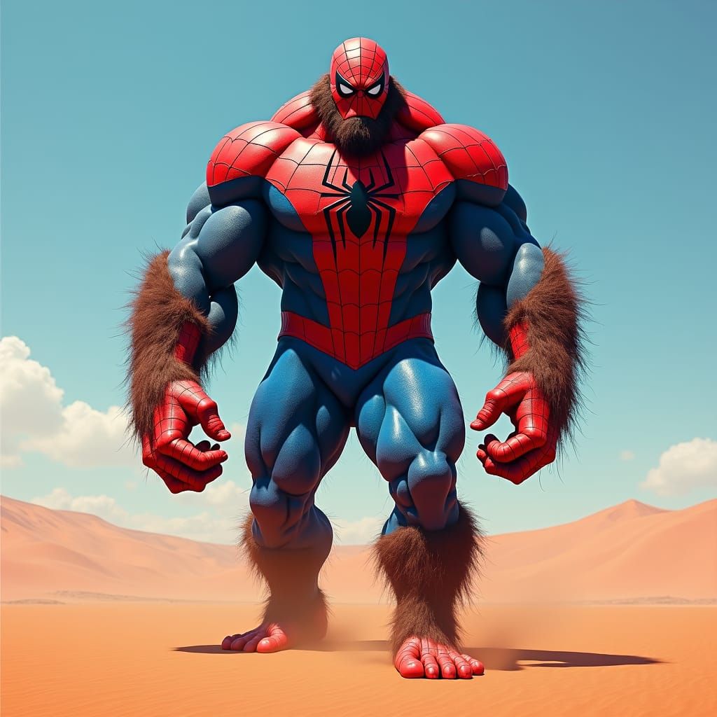 Spider-Man Gorilla Bodybuilder in Sahara, Detailed Matte Pai...