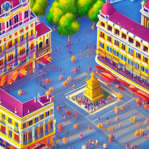 Madrid's Plaza Mayor in Isometric View, Textured Painting