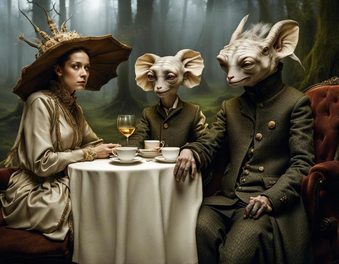 Surreal Restaurant Scene with Beautiful Aliens