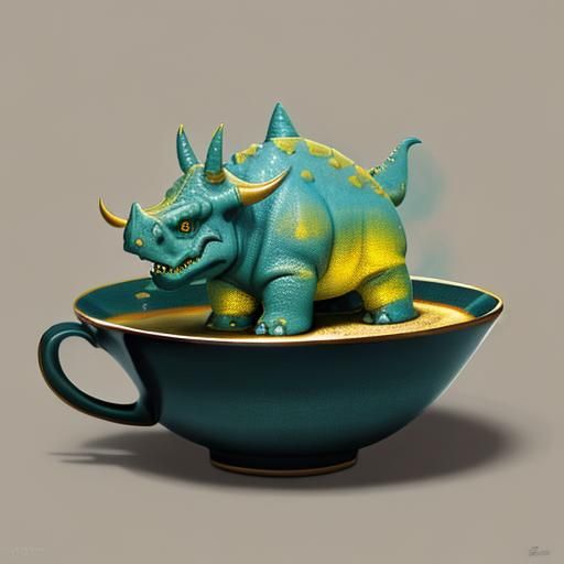 A stone triceratops in a teacup