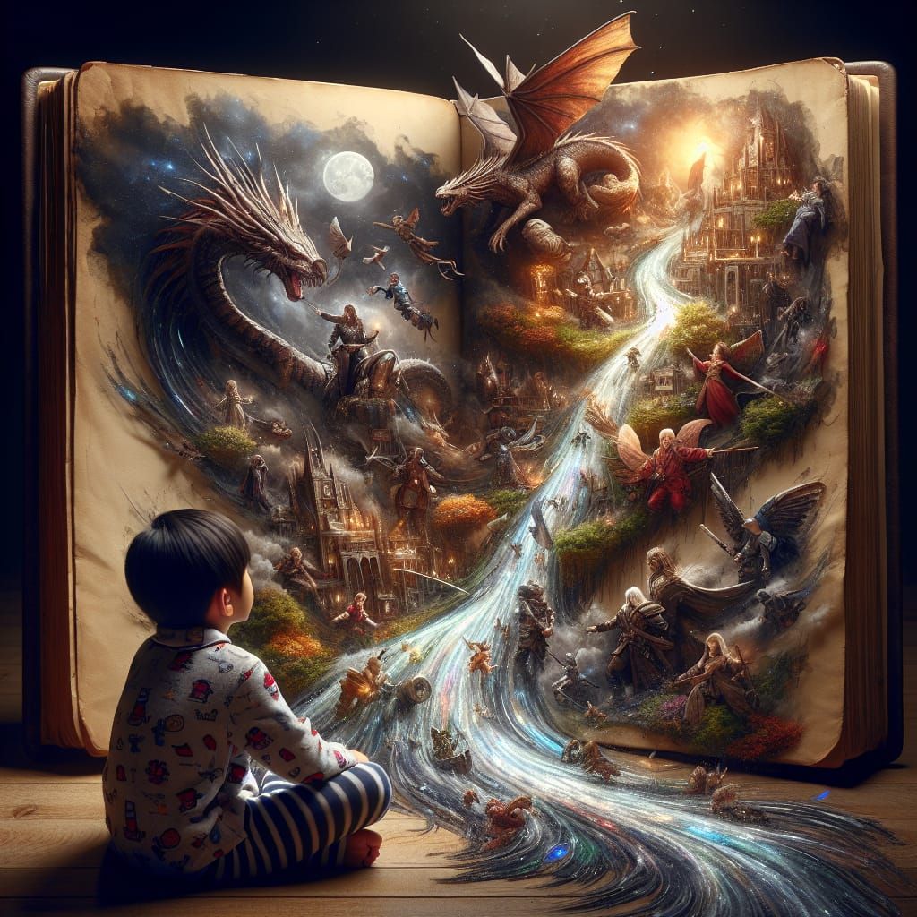 a child in pajamas sitting with an open leatherbound book in front of him. character and sceneries from (Chronicles of N...