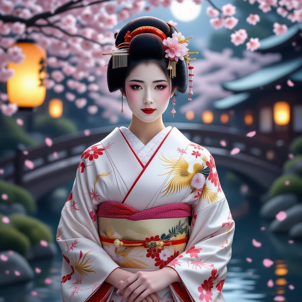 Graceful Geisha in Moonlit Garden with Cherry Blossoms