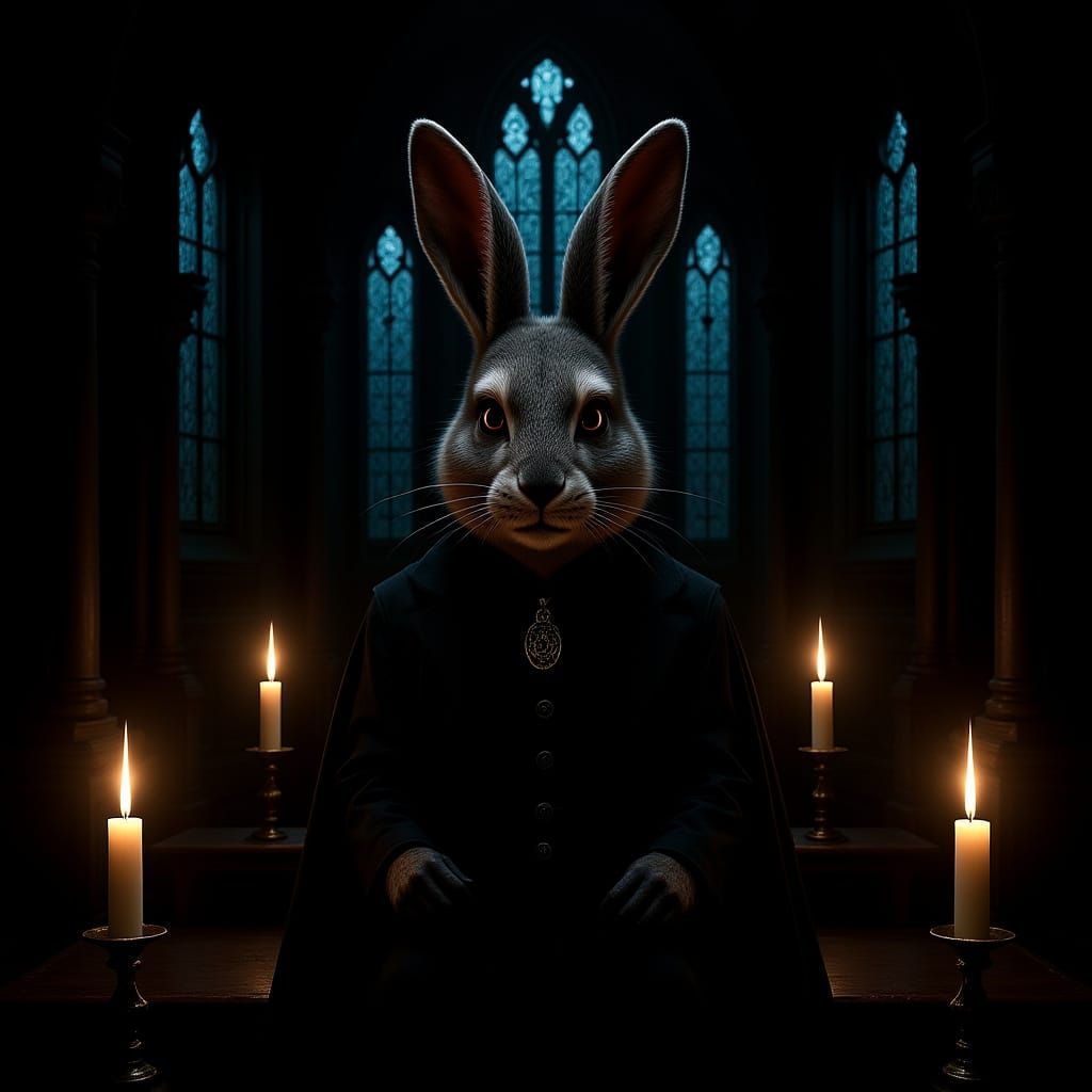 Gothic Rabbit in Candlelit Cathedral Chapel