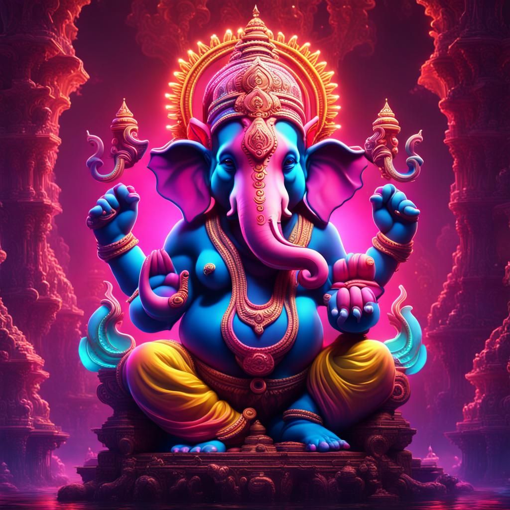 Epic Ganesh in Neon: Detailed Matte Painting