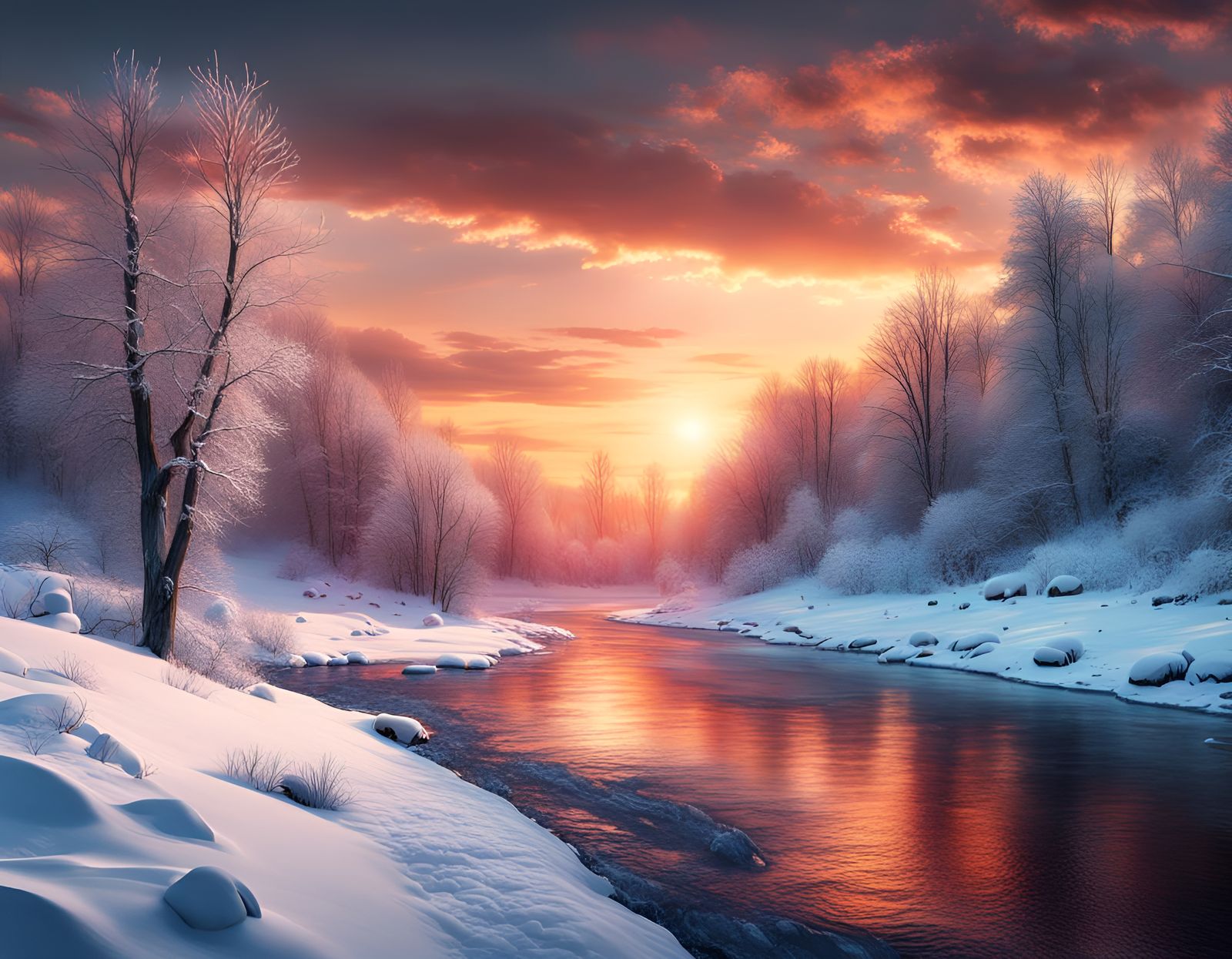 Winter River Sunset: Detailed Matte Painting