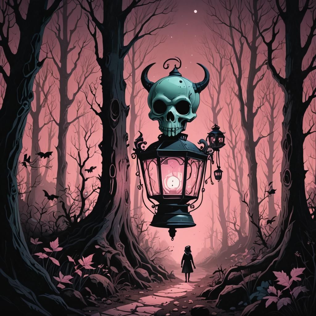 Anthropomorphic Lantern Lights a Dark Forest Path