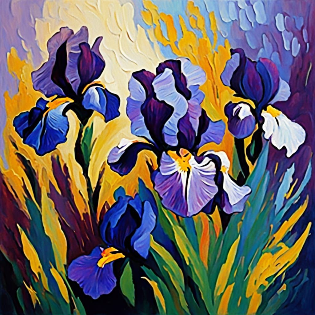 Purple Irises in Flower Border, Van Gogh Impressionist Style