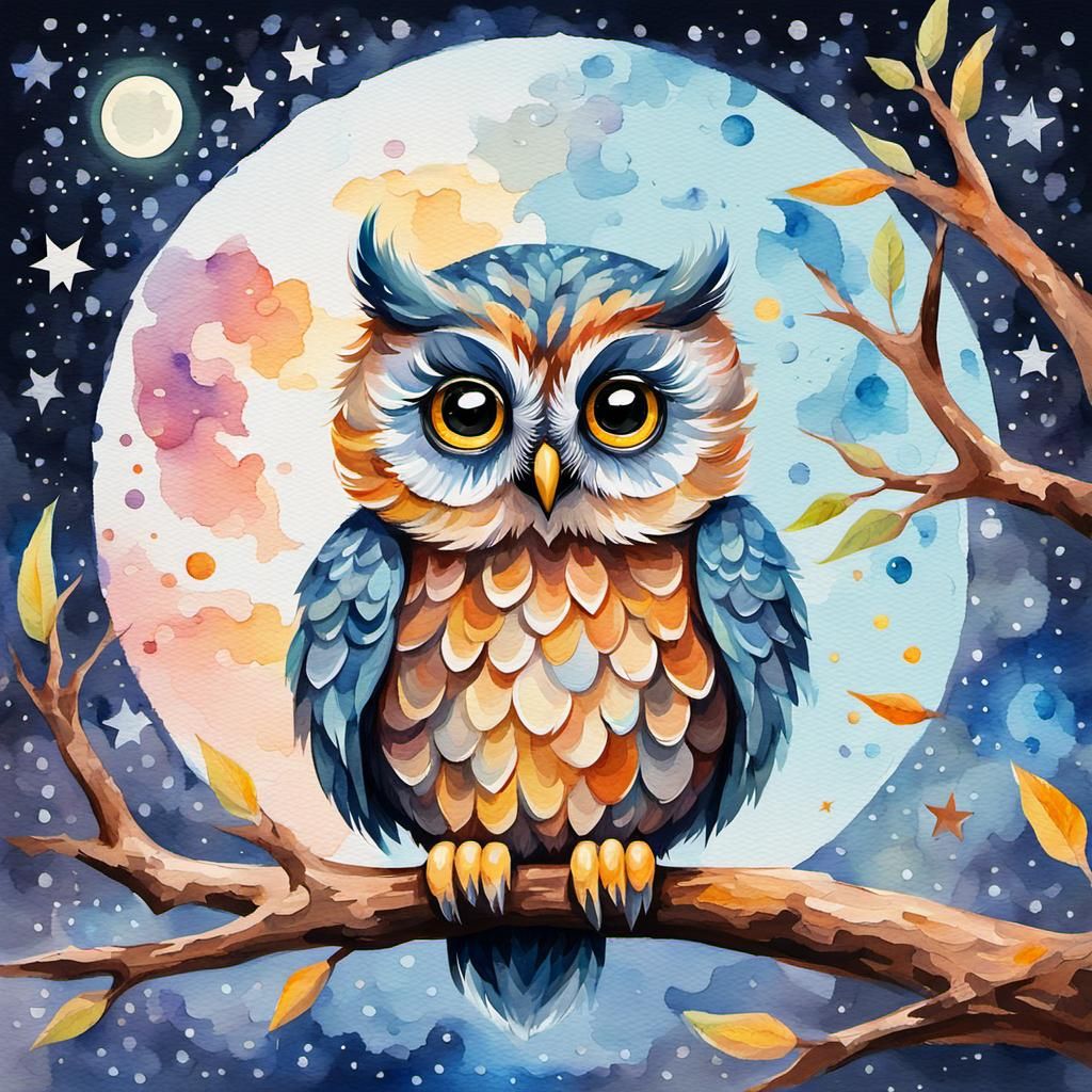 Adorable Baby Owl in Watercolor Gouache Style