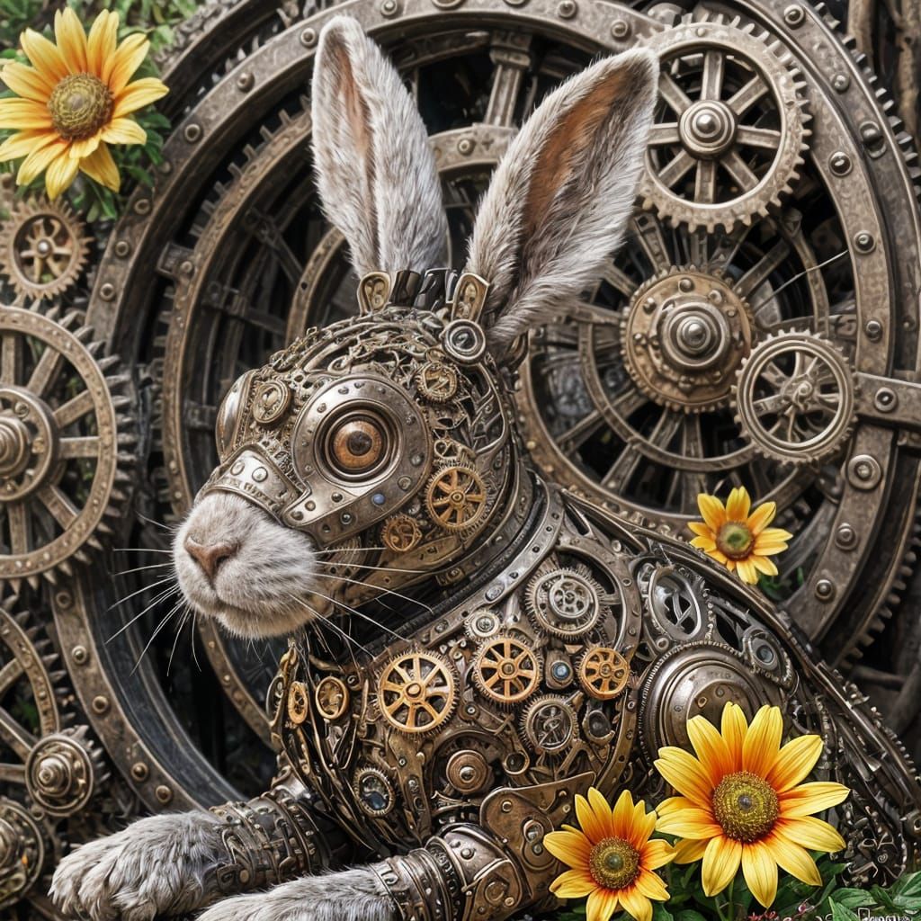 Steampunk Rabbit Amidst Gears and Flowers in Warm Sunlight