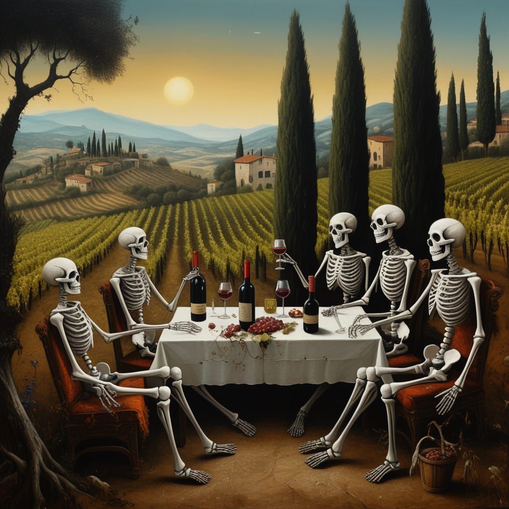 Skeletons Enjoy Wine in Tuscan Vineyard