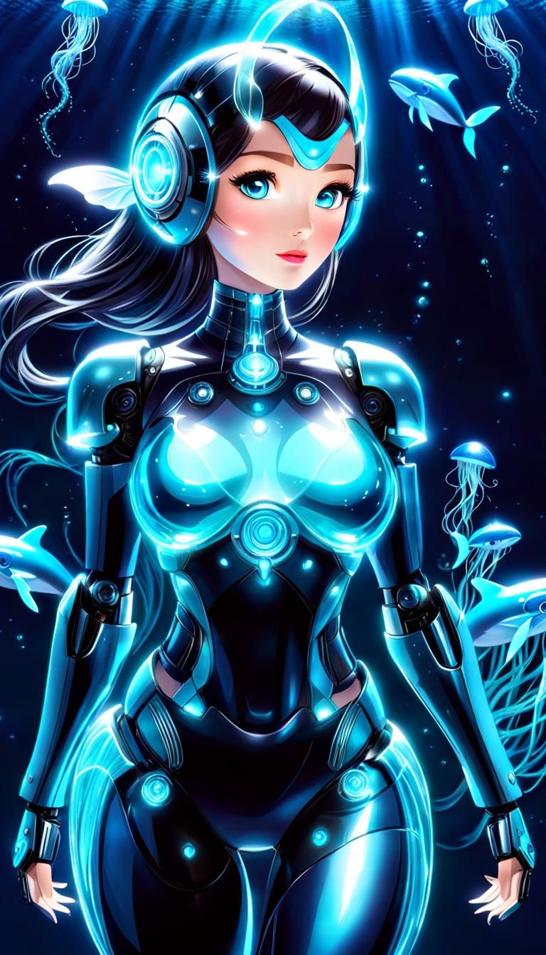 Underwater Glass Whale and Female Robot