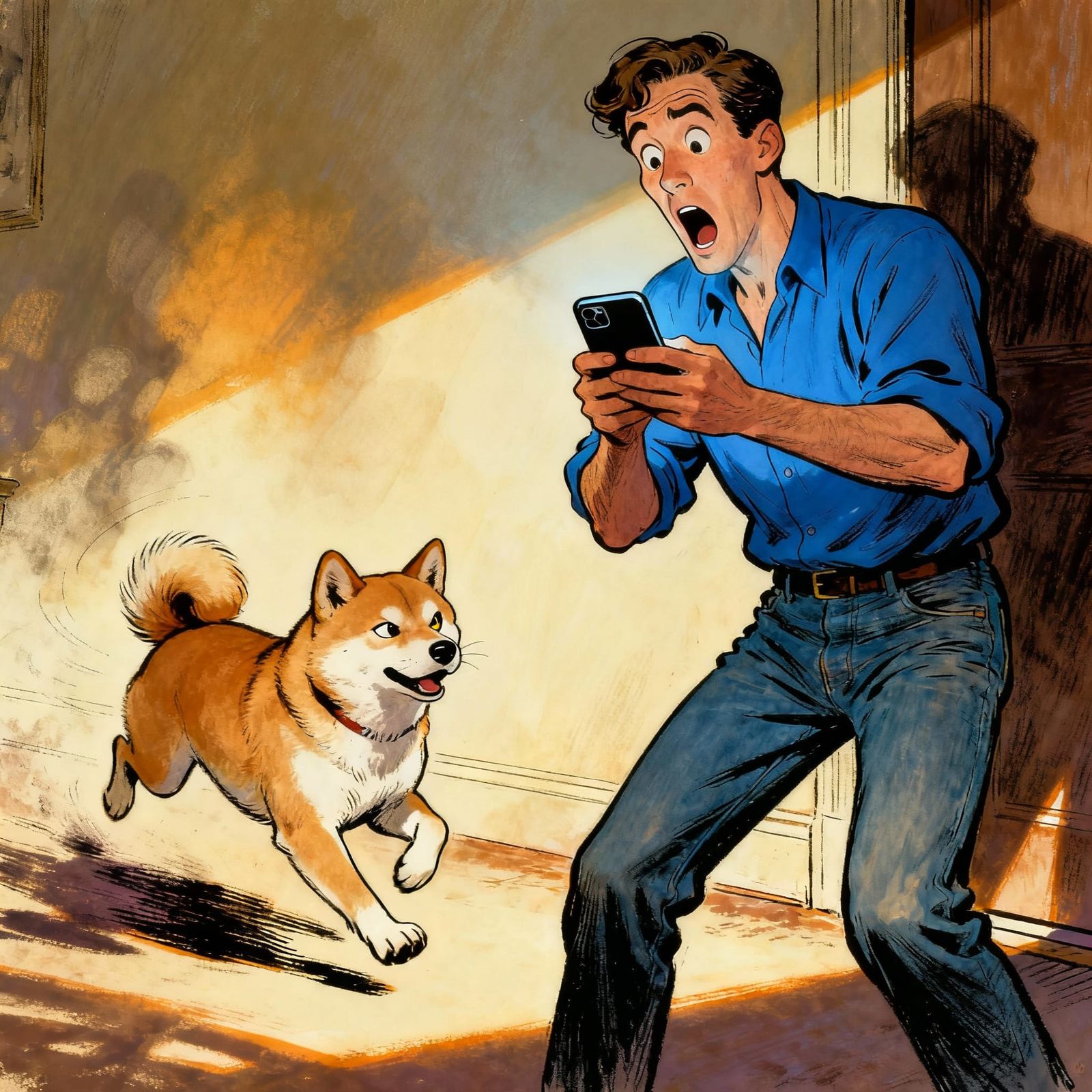 Shocked Man Chased By Mischievous Shiba Inu