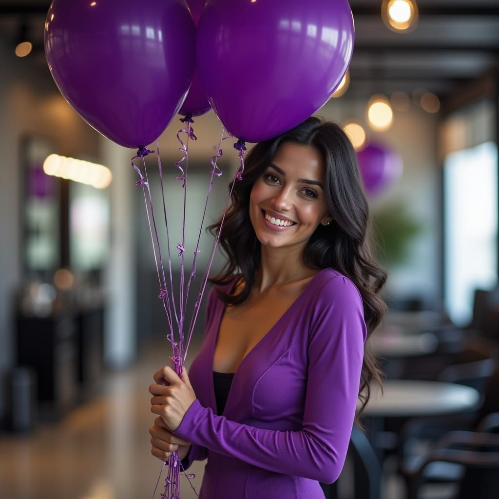 Latina Woman with Purple Balloons in Hyperrealistic Style