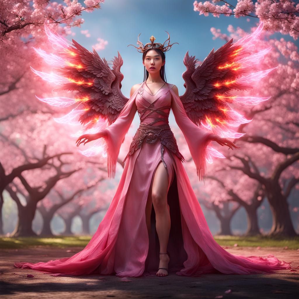 Asian Enchantress with Fire Power and Cherry Trees