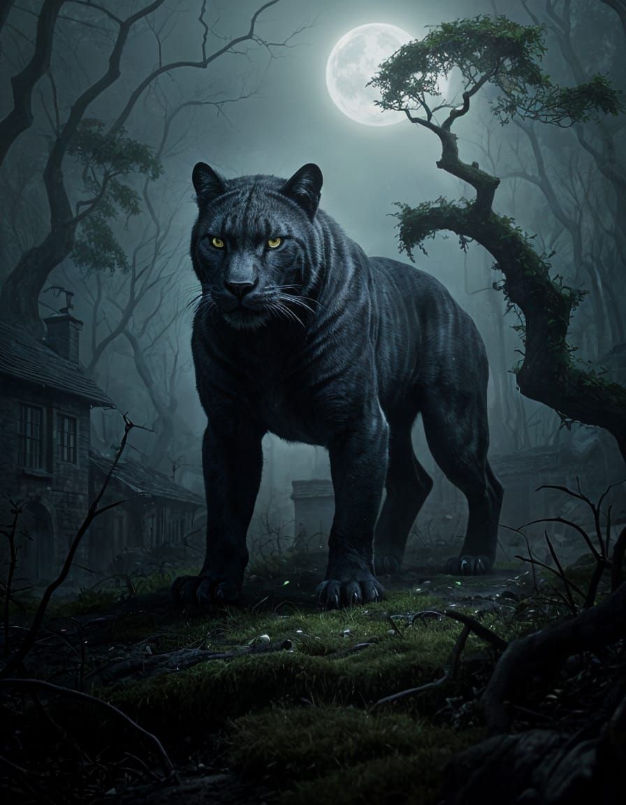 Ancient Panther in Twilight Village, Dark Fantasy Art