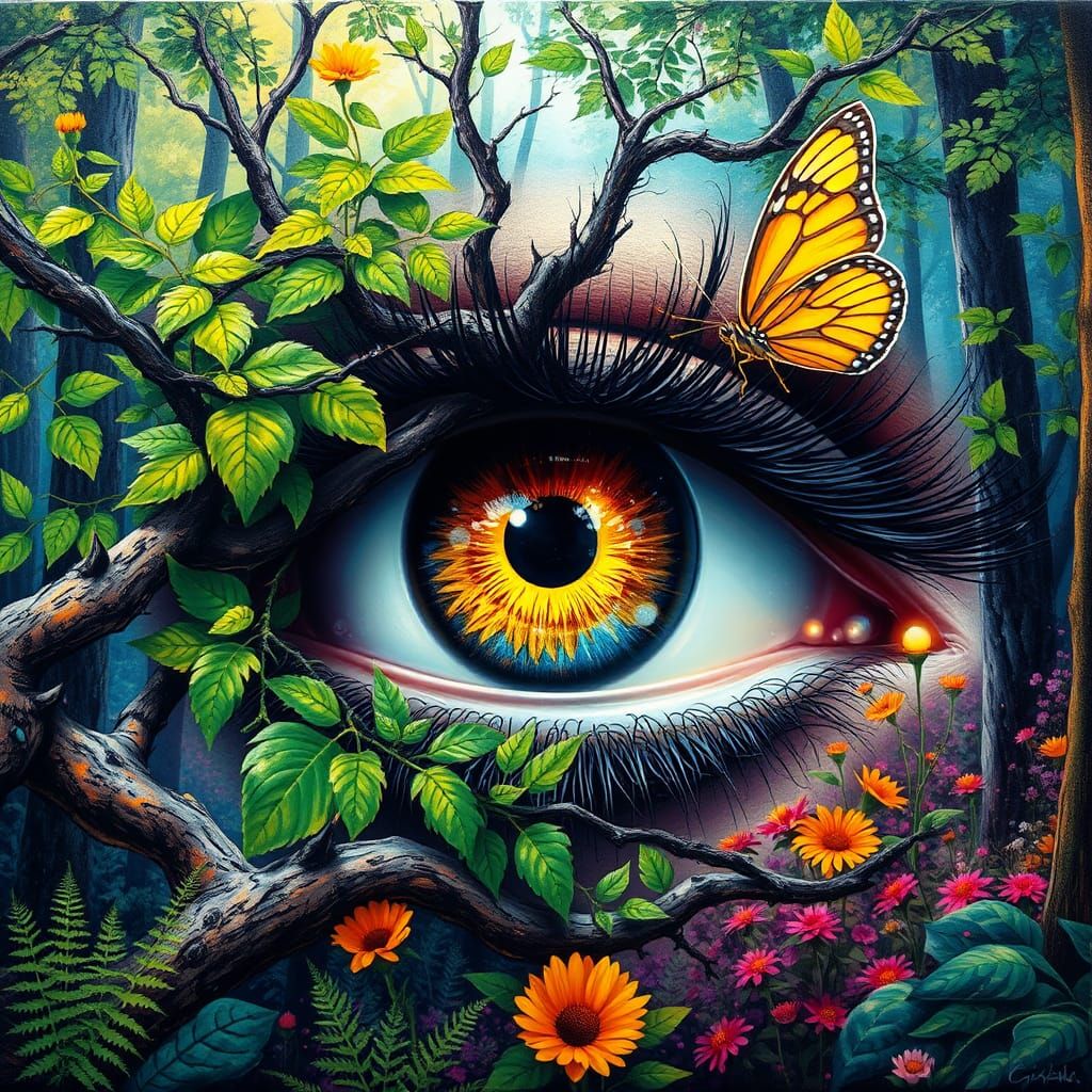 Surreal Forest Eye with Sunflower Pupil, in Graffiti Art Sty...